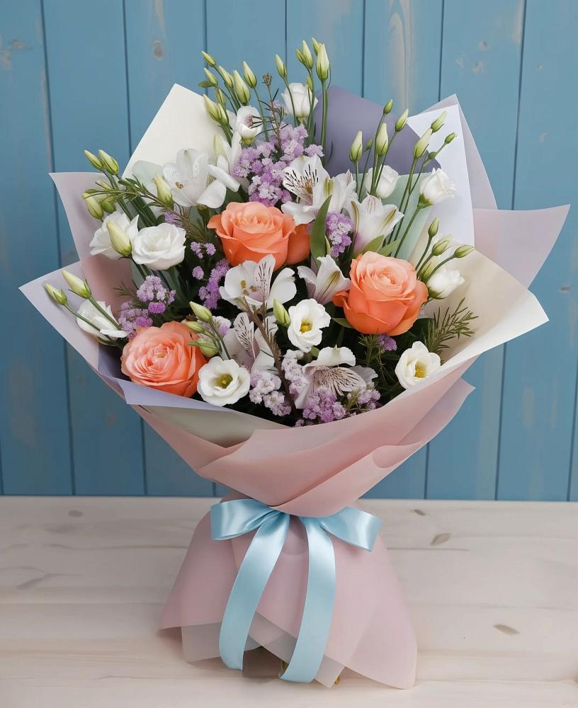 Букет цветов из: Лизиантусы, Розы, Альстромерии и Гипсофила в Сковородино